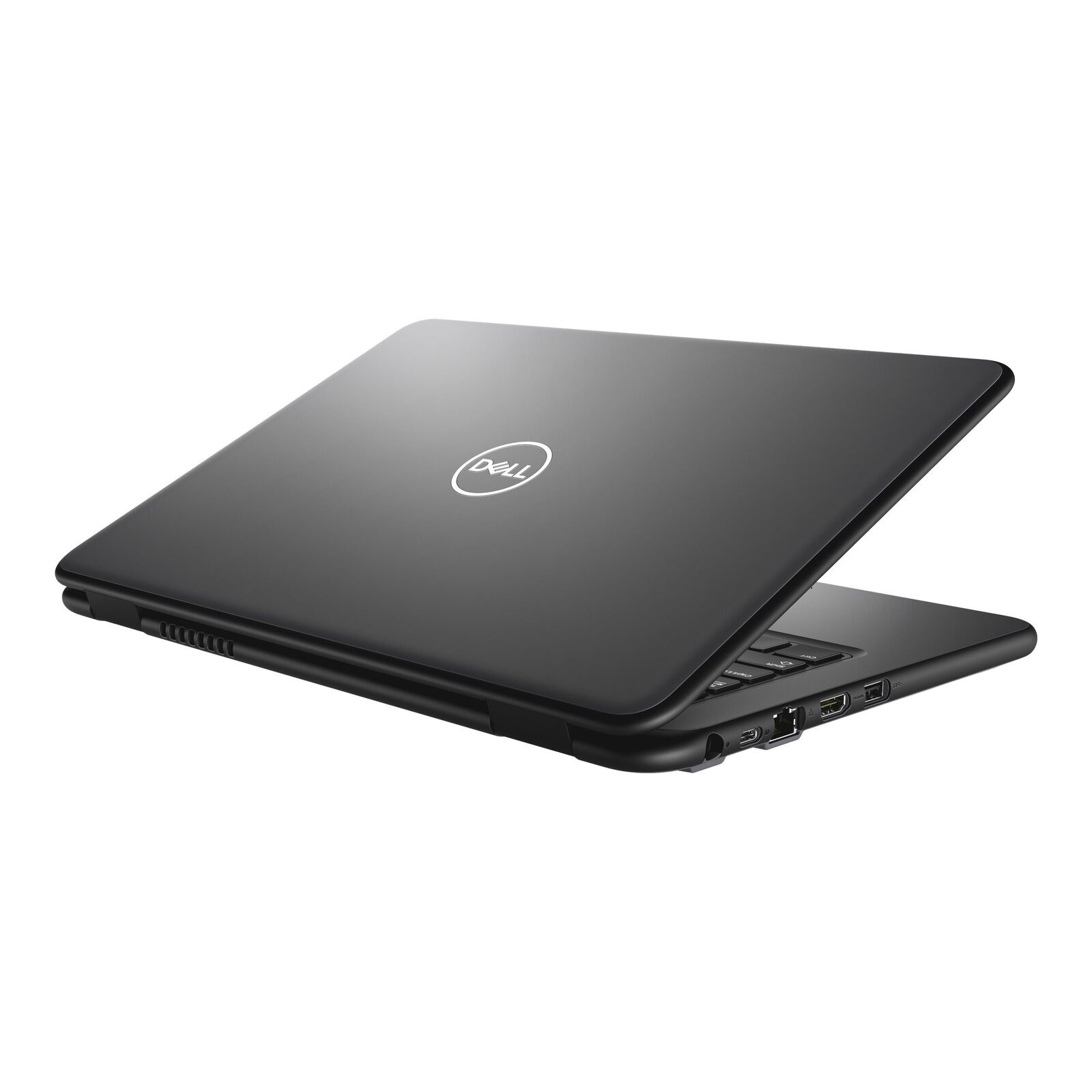 Schwarzer Dell Laptop mit geöffnetem Deckel, Logo auf dem Deckel, Anschlüsse an der Seite.