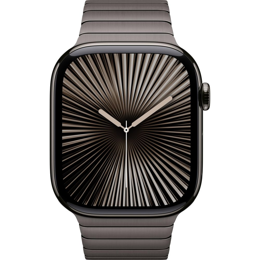 A dark gray smartwatch with a square screen displaying a radial pattern and metal band.
