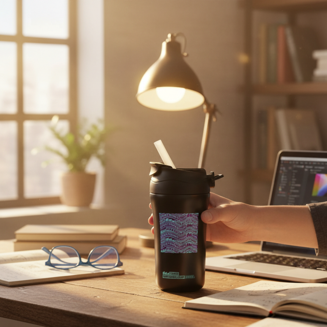Eine Hand hält einen schwarzen Becher mit Strohhalm vor einem Schreibtisch mit Lampe, Laptop und Büchern.