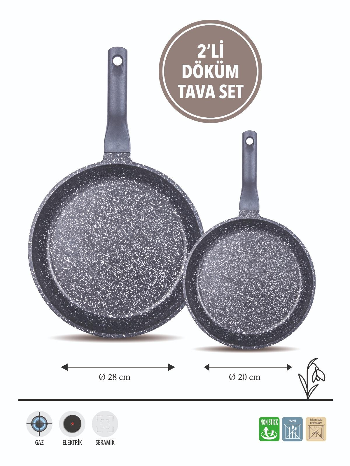 İki granit tava seti, 28 cm ve 20 cm. Gaz, elektrik, seramik için.