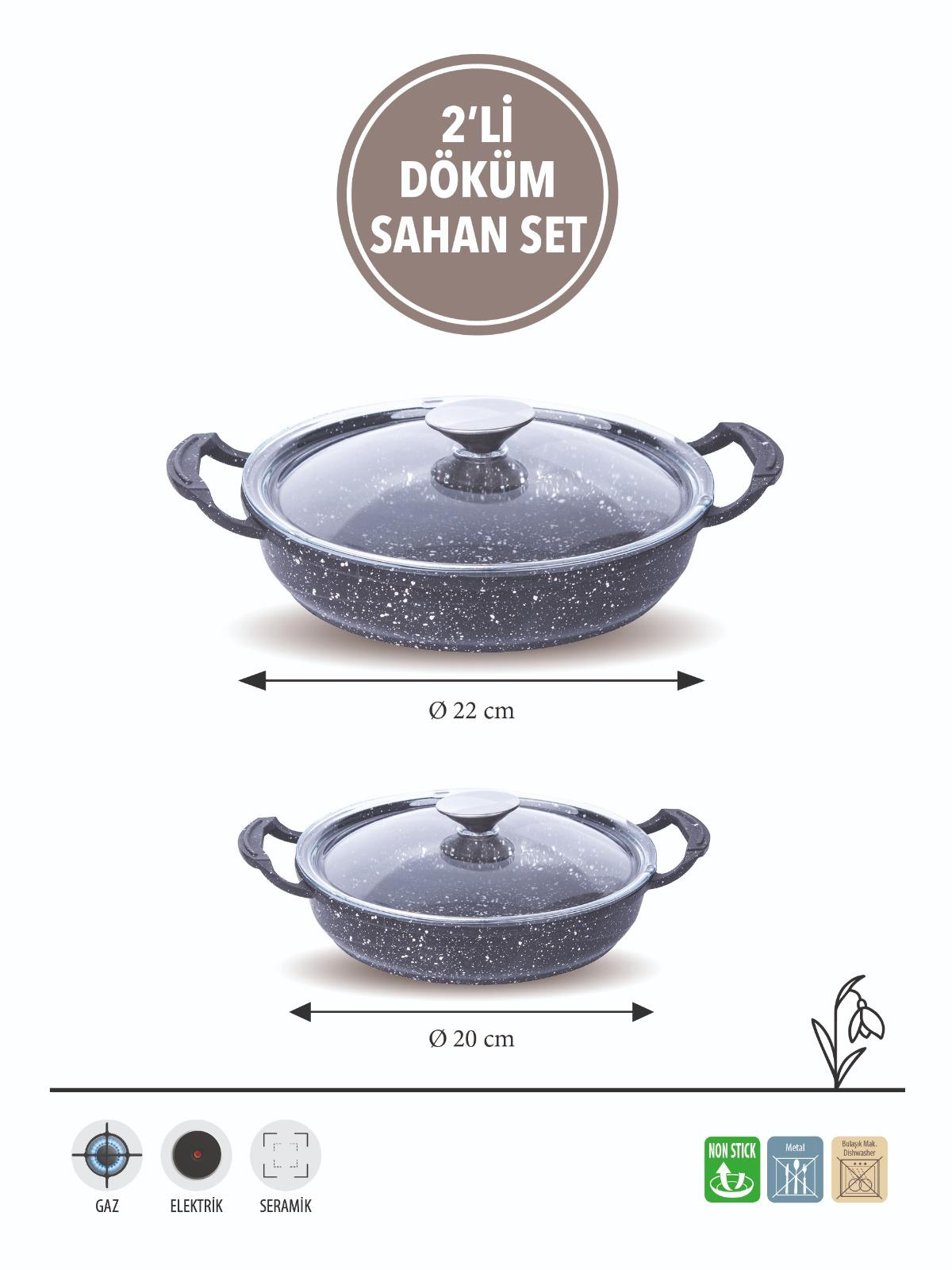 İki sahan seti: 22 cm ve 20 cm çapında, benekli siyah.