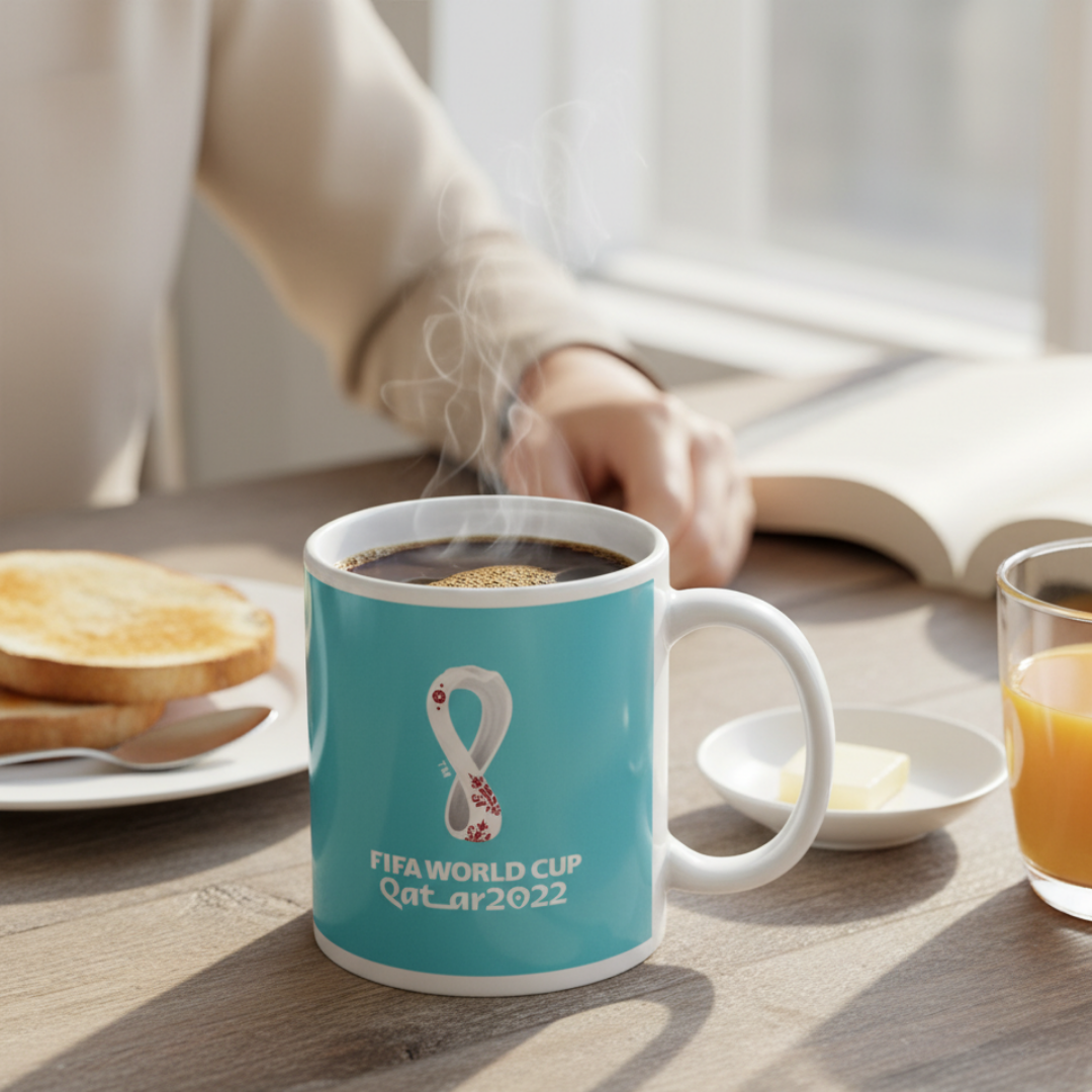 Eine dampfende Tasse mit FIFA WM Katar 2022 Logo, Toast und Orangensaft.