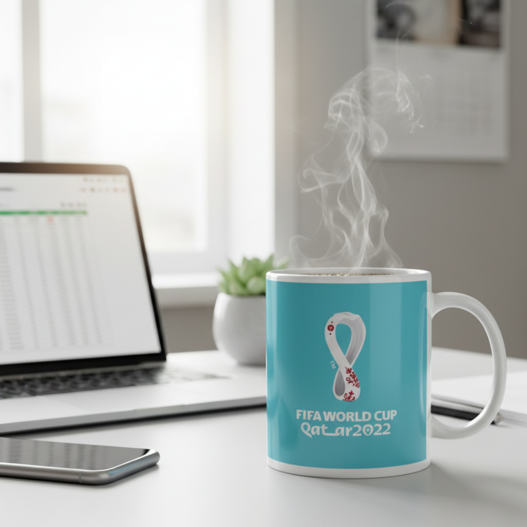 Eine blaue Tasse mit dem FIFA WM 2022 Logo dampft auf einem Schreibtisch.