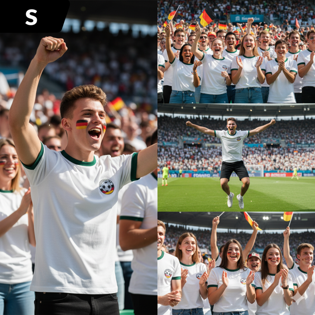 Fußballfans jubeln im Stadion mit Deutschlandflaggen und Schminke.