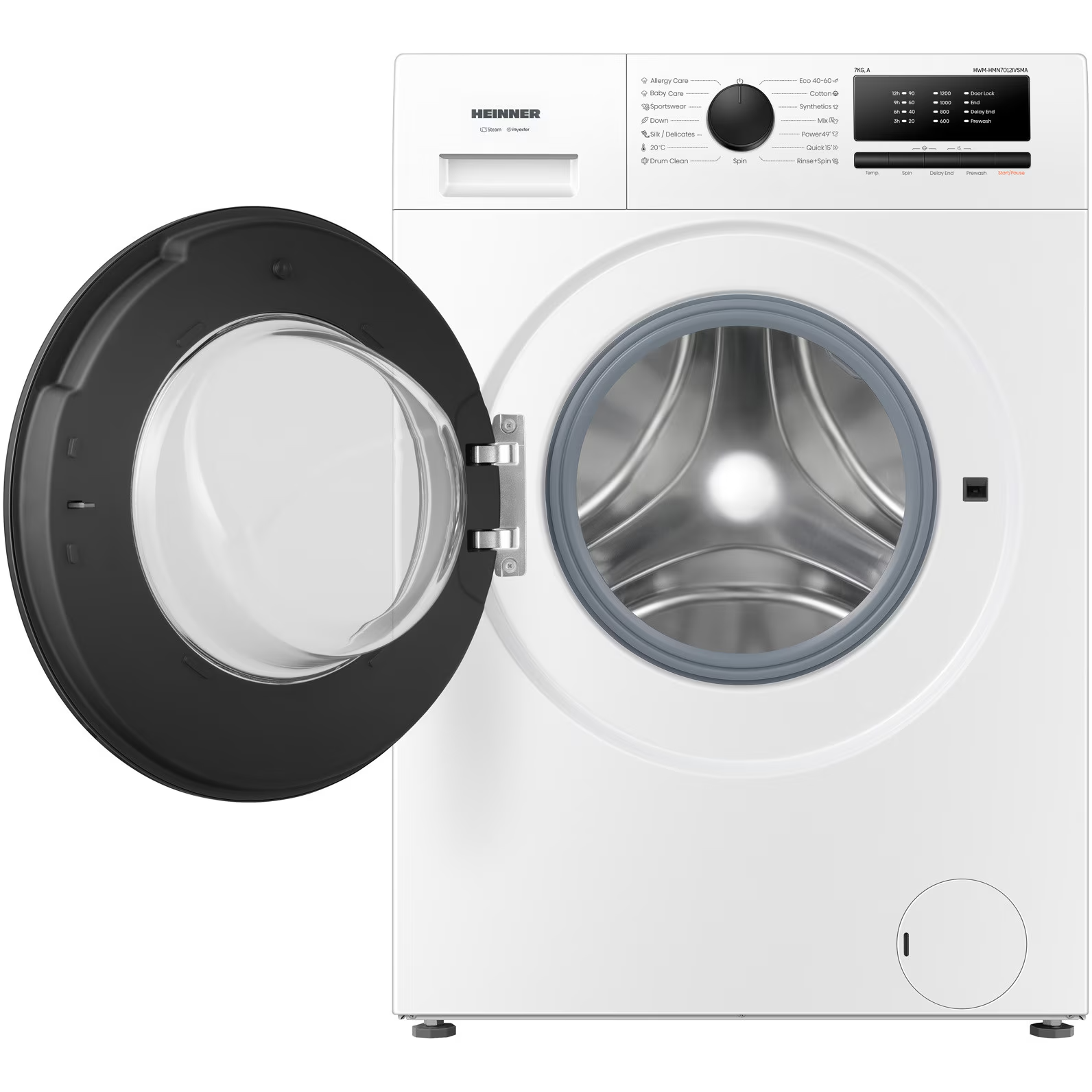 A white washing machine with its door open, revealing a silver drum interior.