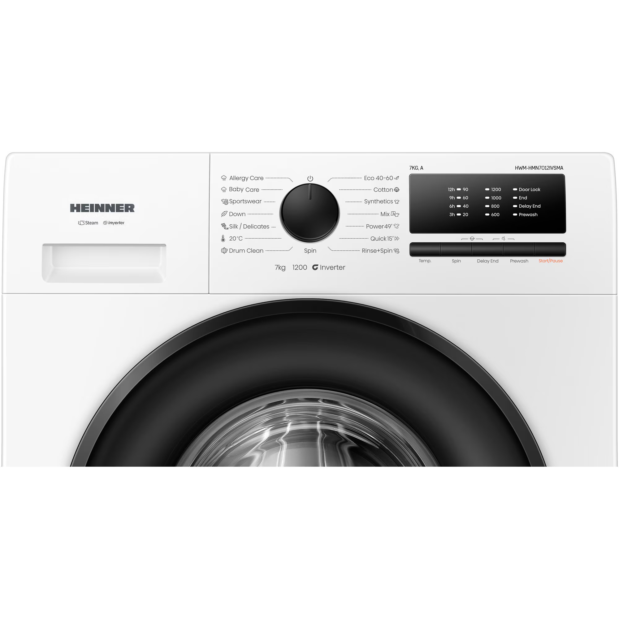 White washing machine with display, dial, and multiple programs.