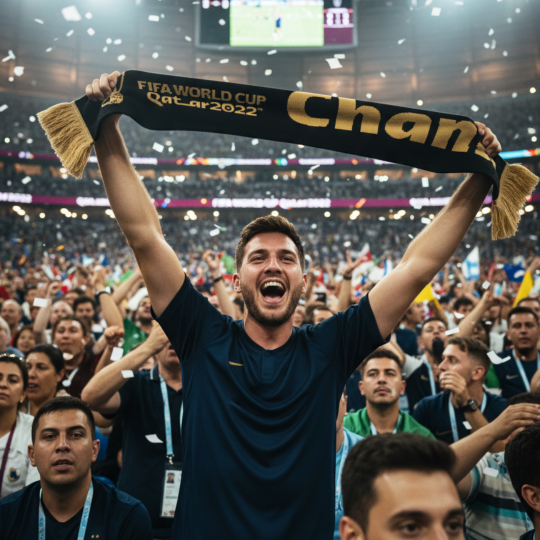 Ein Mann jubelt mit einem Schal für die FIFA WM 2022 in Katar.