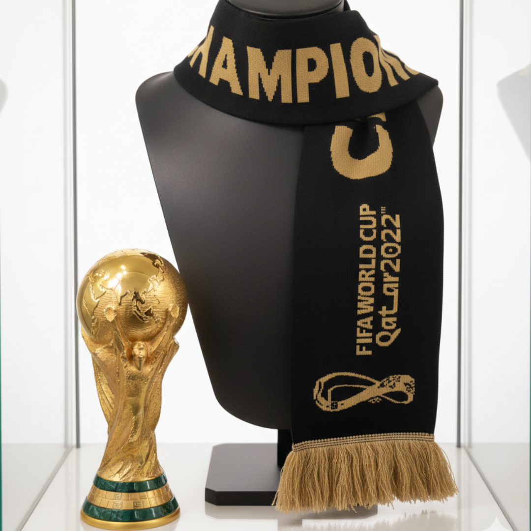 Goldener WM-Pokal neben schwarzem Schal mit "Champions" und "FIFA World Cup Qatar2022".