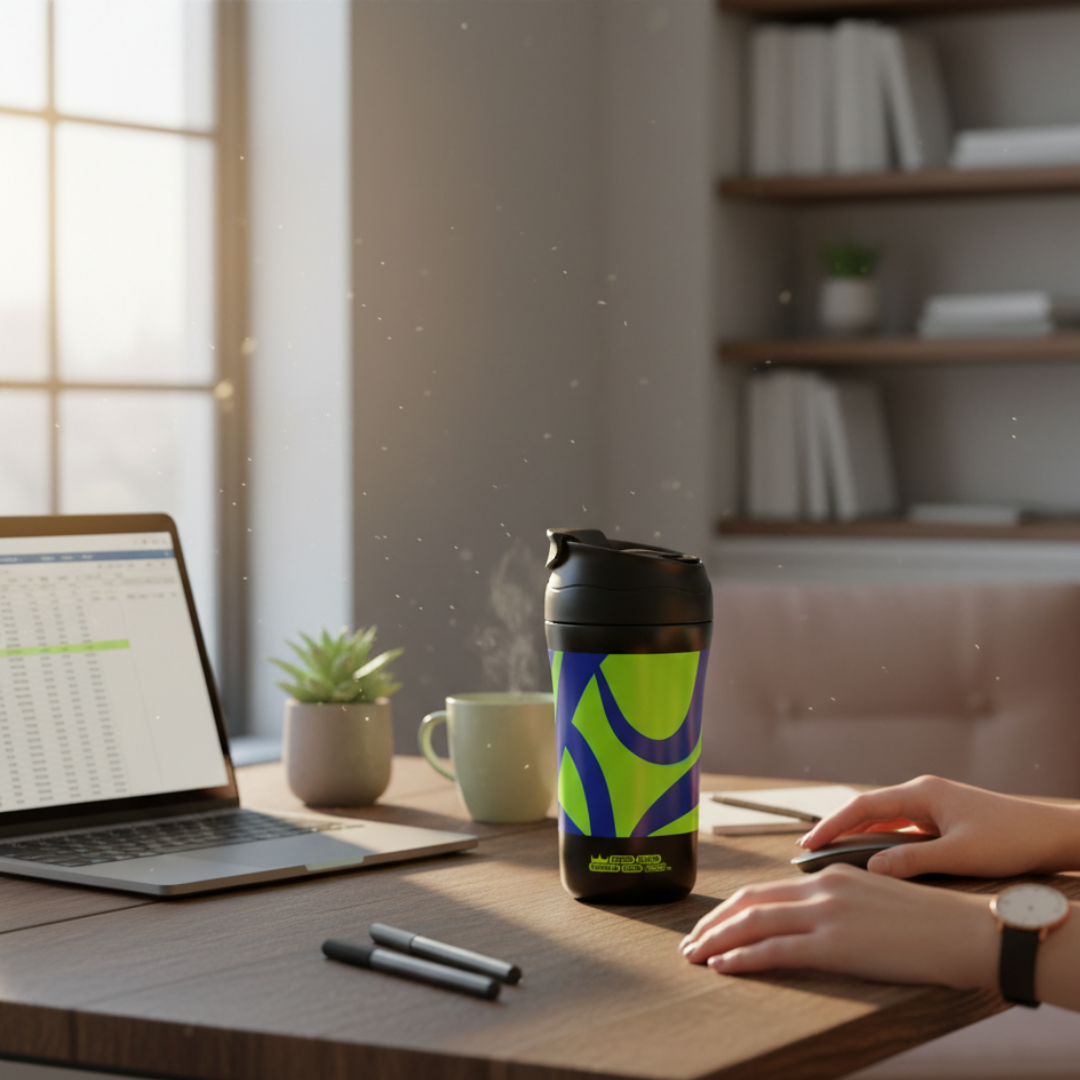 Ein Laptop, eine Pflanze, eine Tasse und ein Becher stehen auf einem Holztisch.