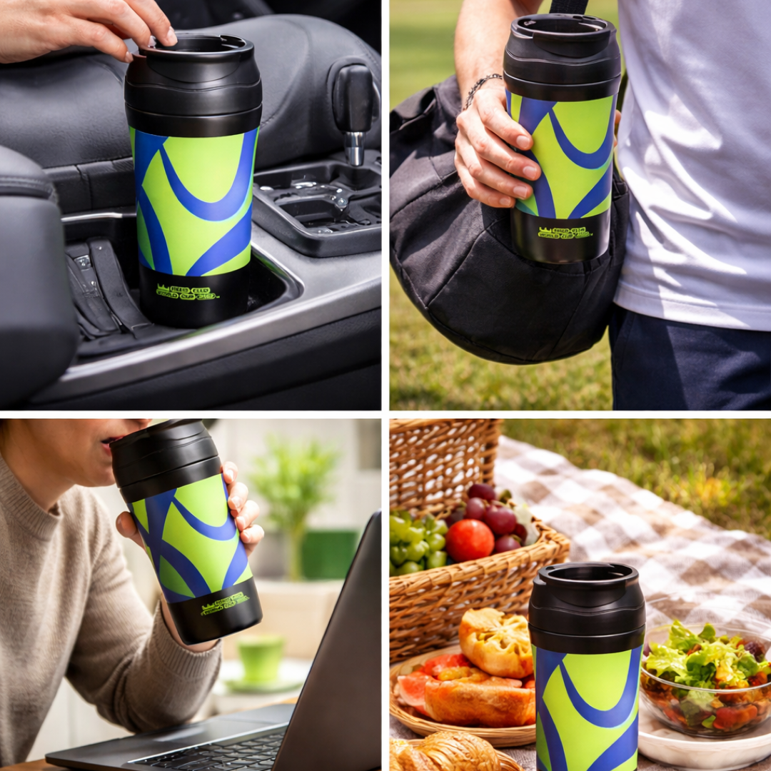Becher im Auto, beim Sport, bei der Arbeit und beim Picknick.