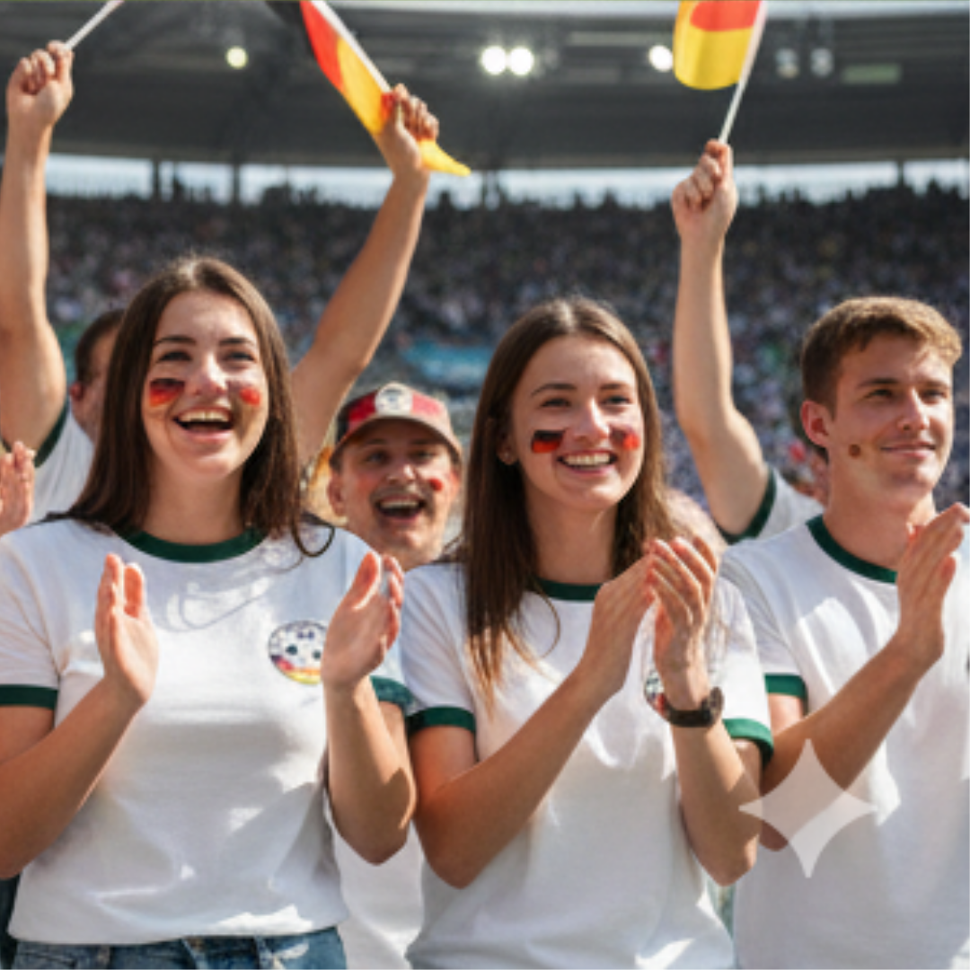 Fans mit Deutschlandflaggen und Schminke klatschen und jubeln im Stadion.