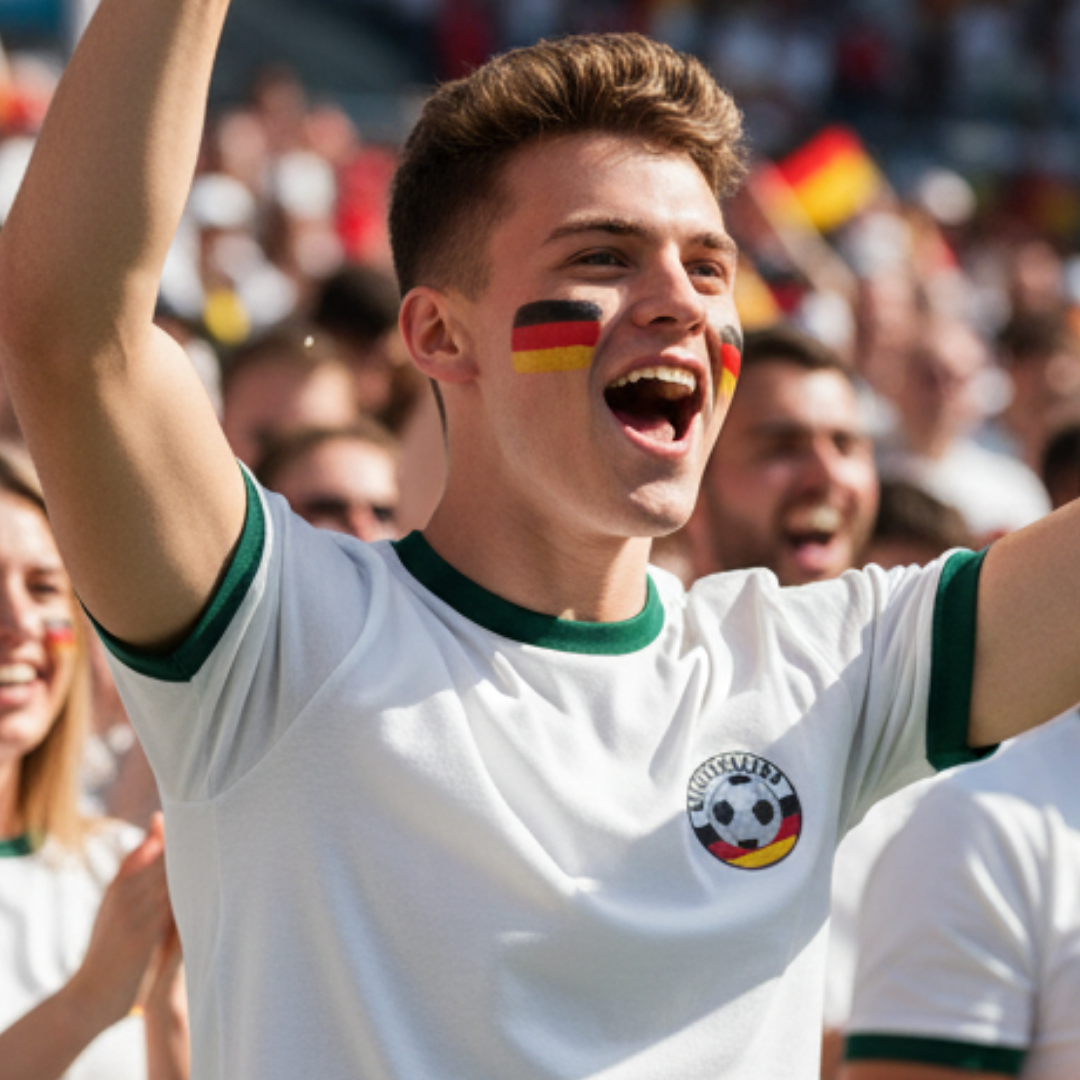 Ein jubelnder Mann mit deutscher Flagge im Gesicht und Deutschland-Trikot.
