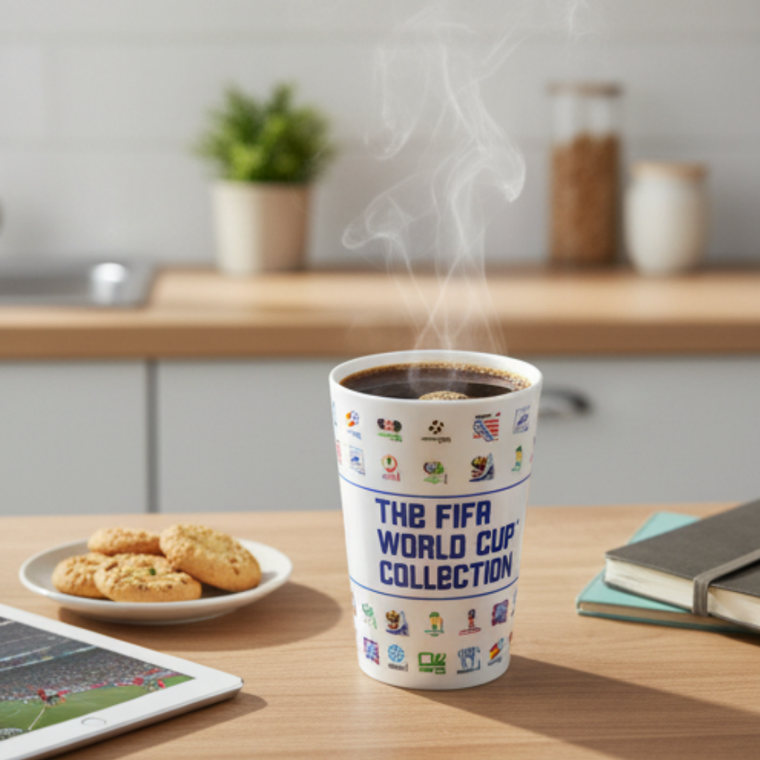 Eine dampfende Kaffeetasse mit FIFA-Motiven, Kekse und ein Tablet mit Fußballspiel.