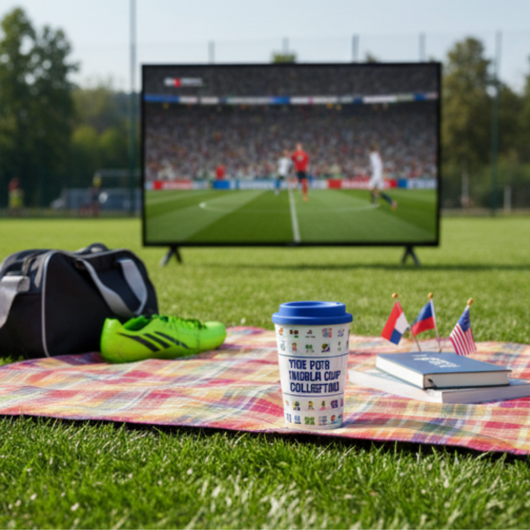 Picknickdecke mit Fußballausrüstung, Becher und Flaggen vor einem Fernsehgerät, das ein Spiel zeigt.
