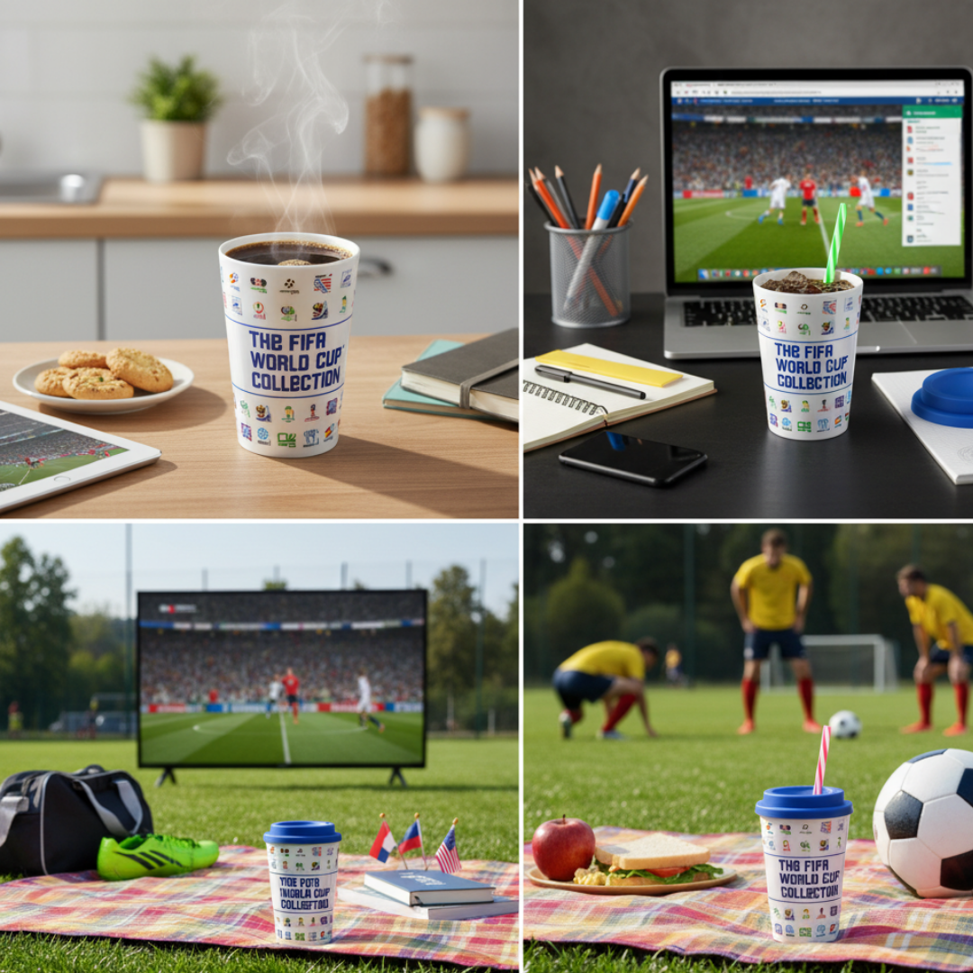 Vier Szenen zeigen eine Tasse mit FIFA-Aufdruck, Fußball, Snacks und einen Laptop.