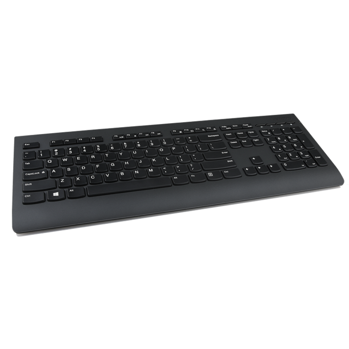 Un teclado negro con teclas QWERTZ y un teclado numérico.