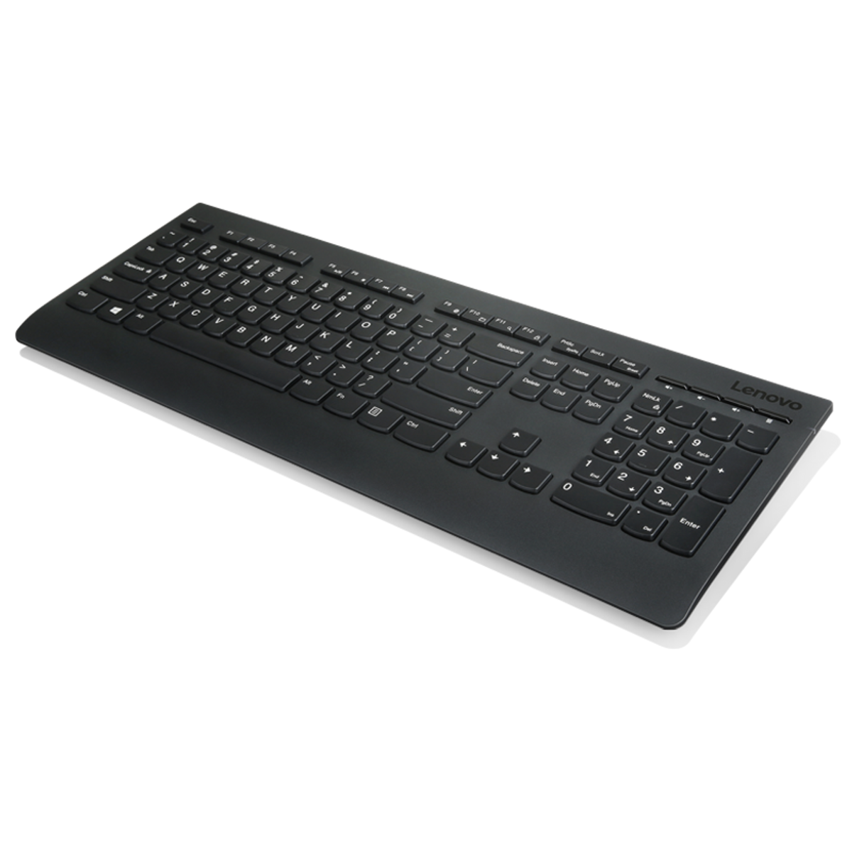 Teclado Lenovo negro con teclado numérico, sobre fondo negro.