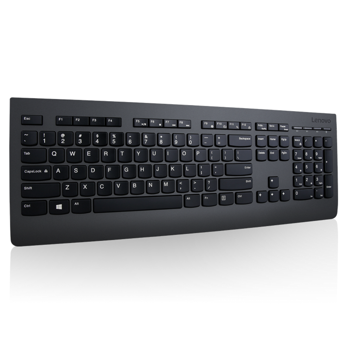 Un teclado Lenovo negro sobre fondo negro, vista frontal.