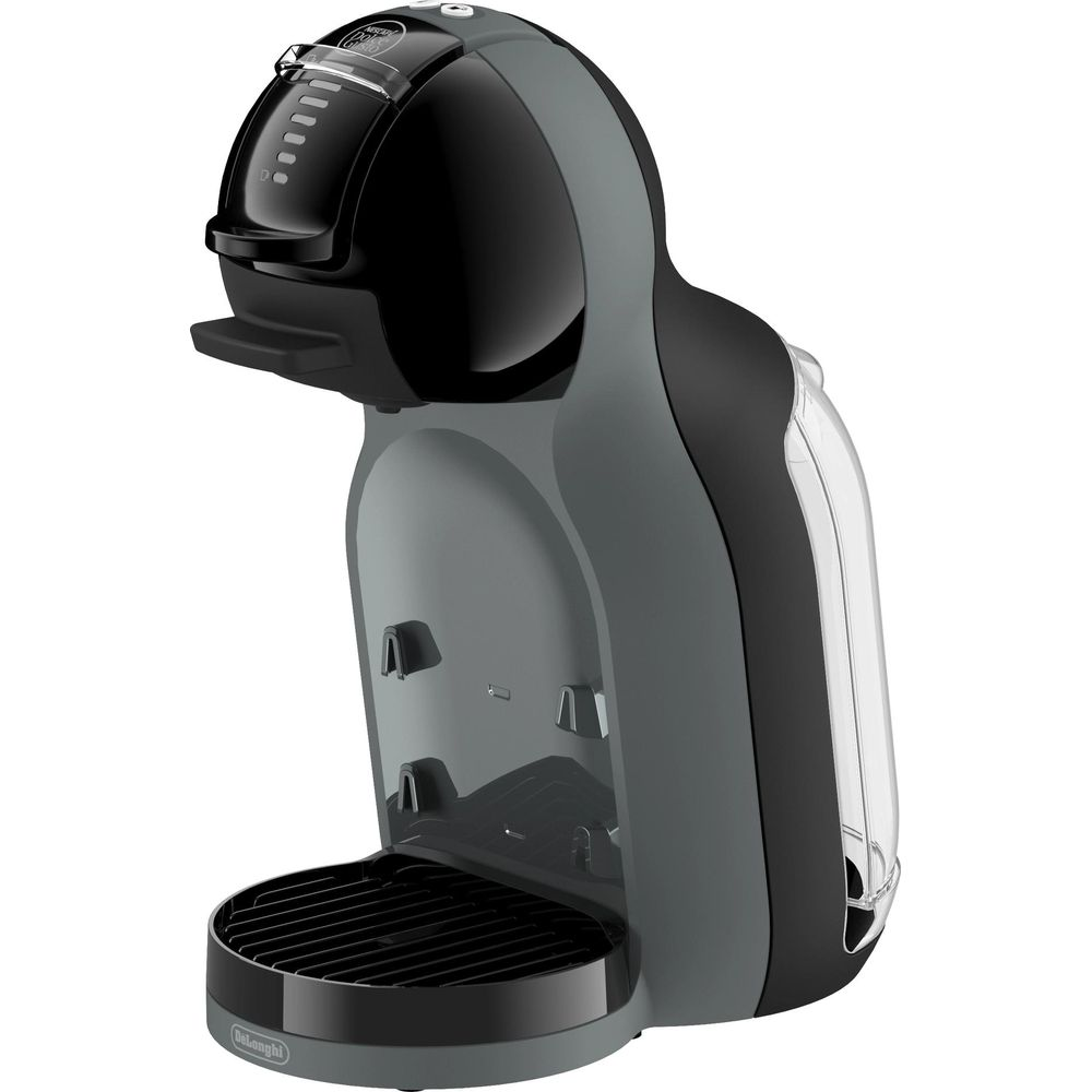 Eine graue und schwarze Kaffeemaschine mit transparentem Wassertank.