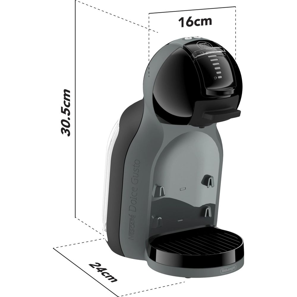 Macchina caffè Dolce Gusto grigia con dimensioni: 30,5cm H, 16cm L, 24cm P.