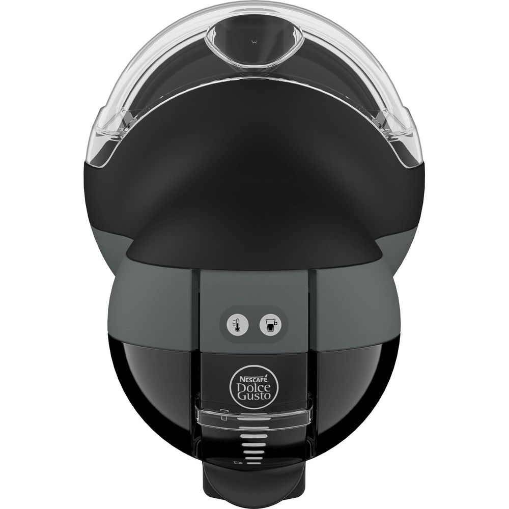 Una macchina da caffè Nespresso Dolce Gusto nera e grigia con coperchio trasparente.