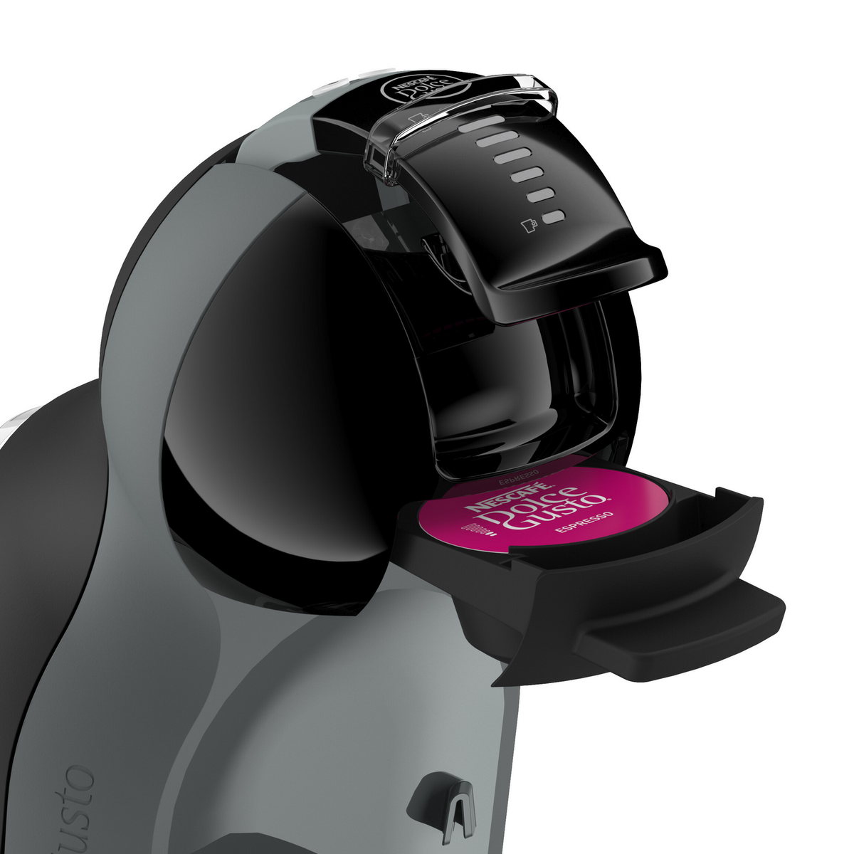 Una macchina da caffè Dolce Gusto nera e grigia con una cialda espresso rosa nel porta cialde.