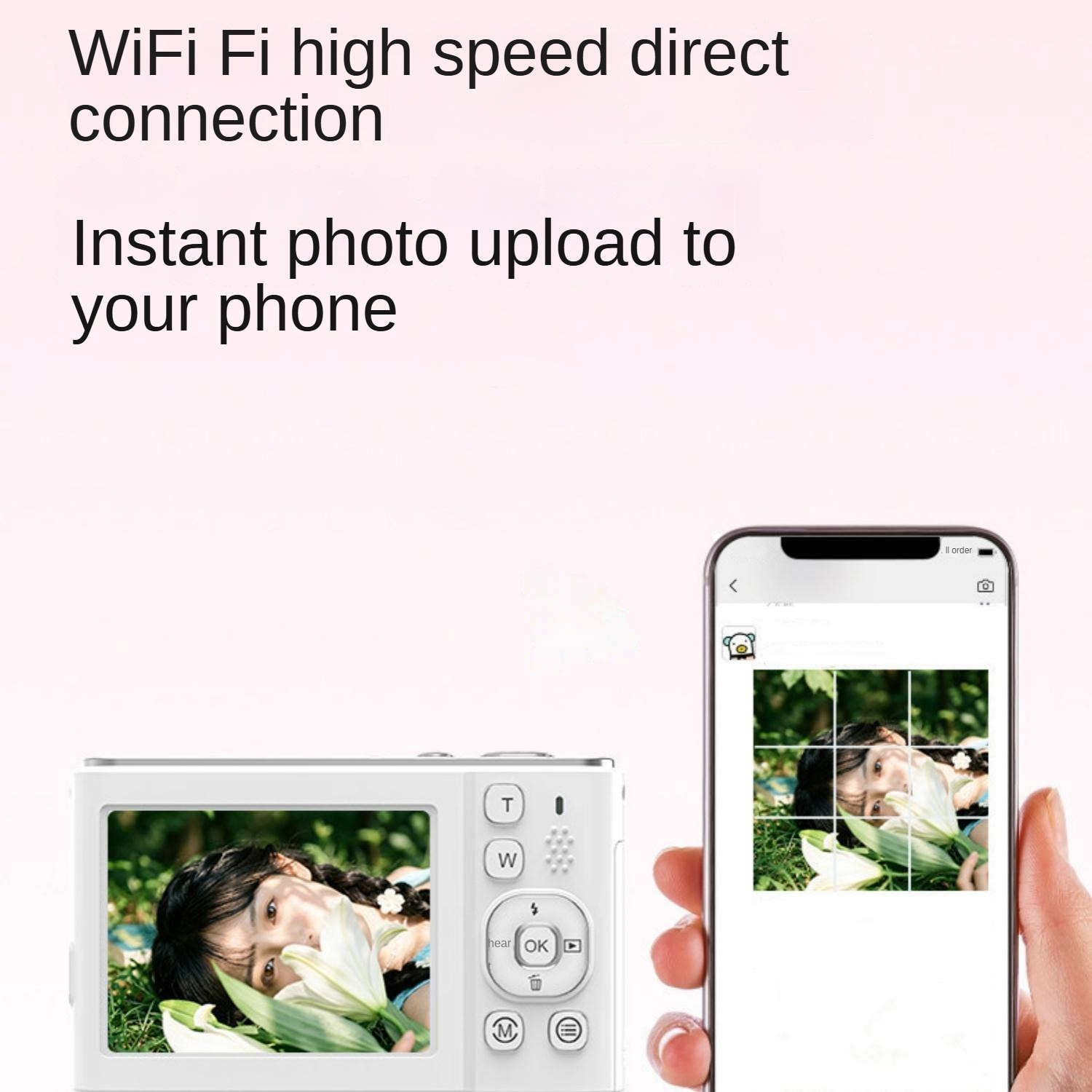 Eine weiße Digitalkamera und ein Smartphone zeigen ein Mädchen mit Blumen.