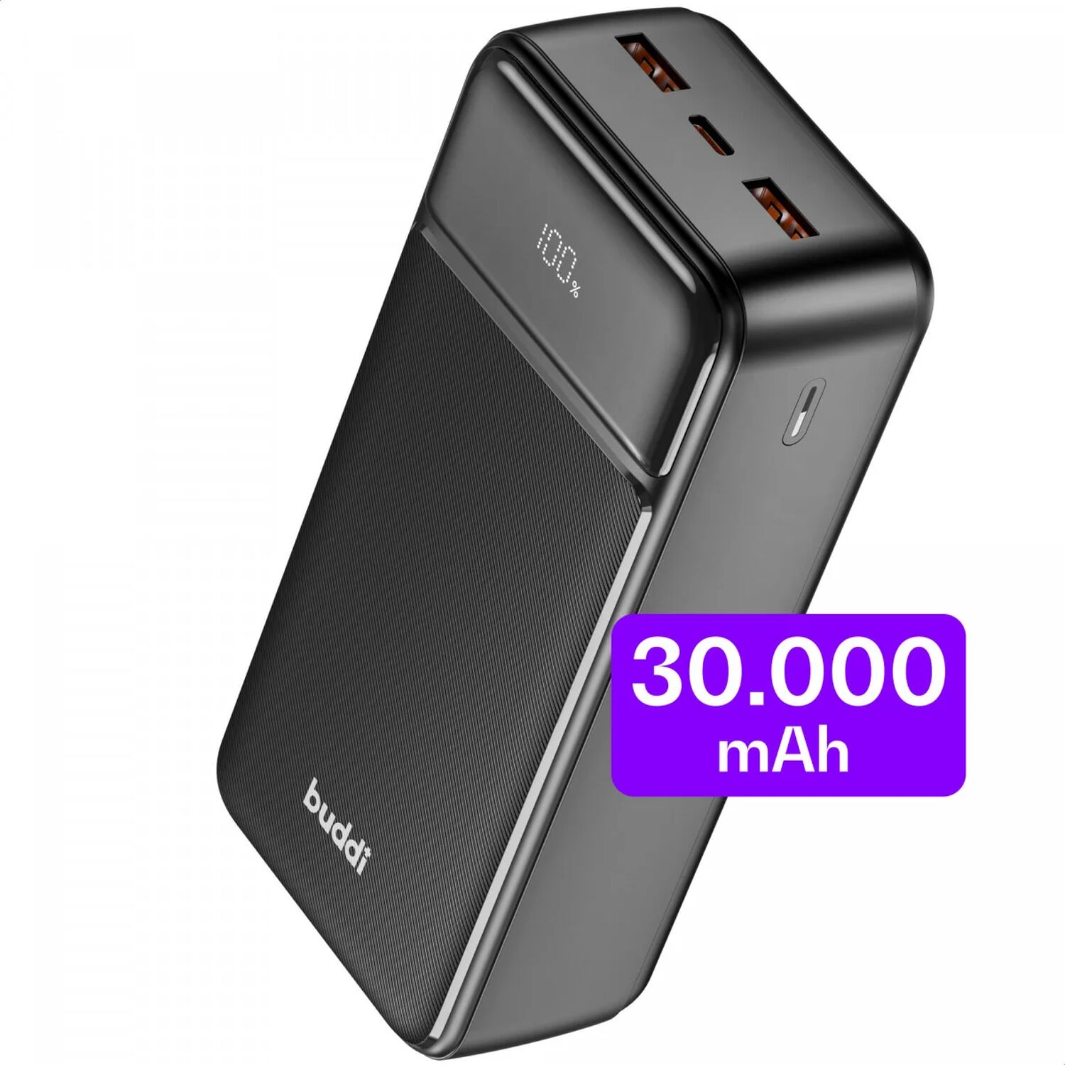 Zwarte Buddi powerbank met 30.000 mAh en 100% lading.