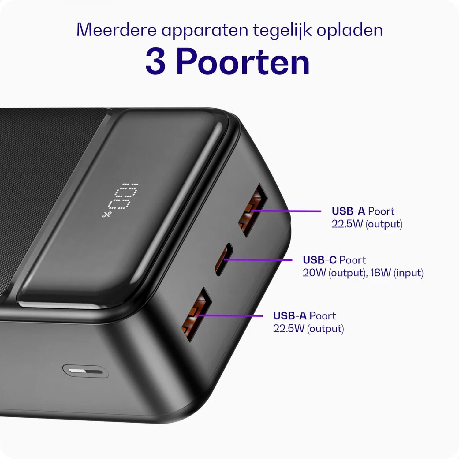 Zwarte lader met 3 USB-poorten: 2x USB-A, 1x USB-C. Toont 100% lading.