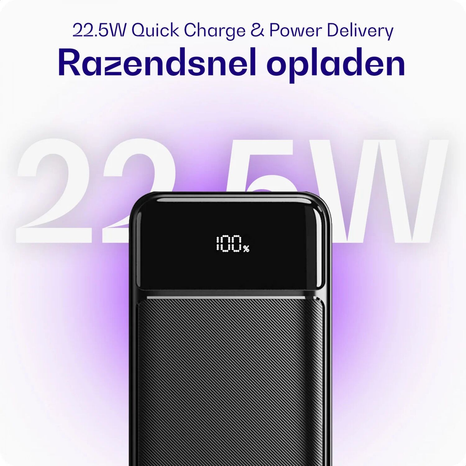 Zwarte powerbank met 100% lading, 22,5W snelladen.