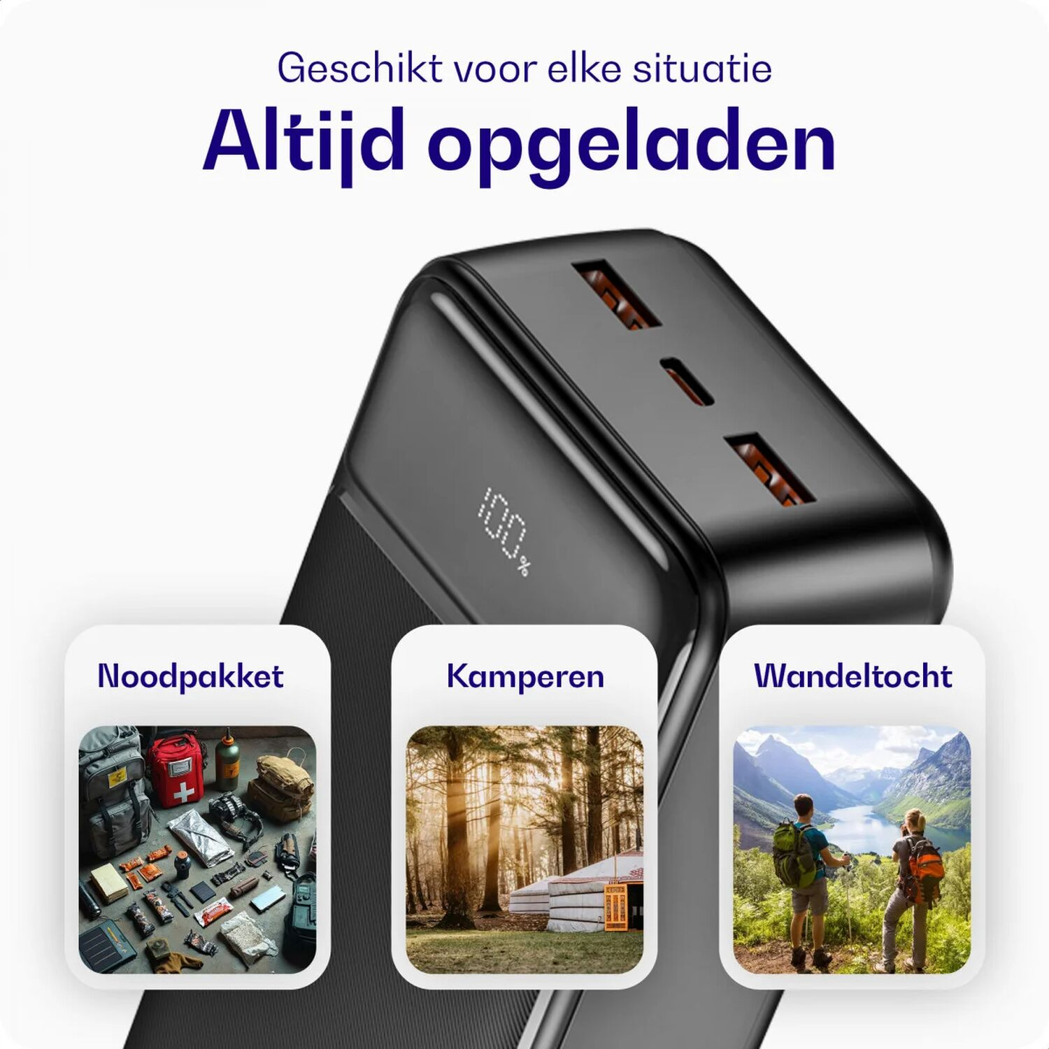 Powerbank met 3 scenario's: noodpakket, kamperen, wandeltocht. 100% opgeladen.