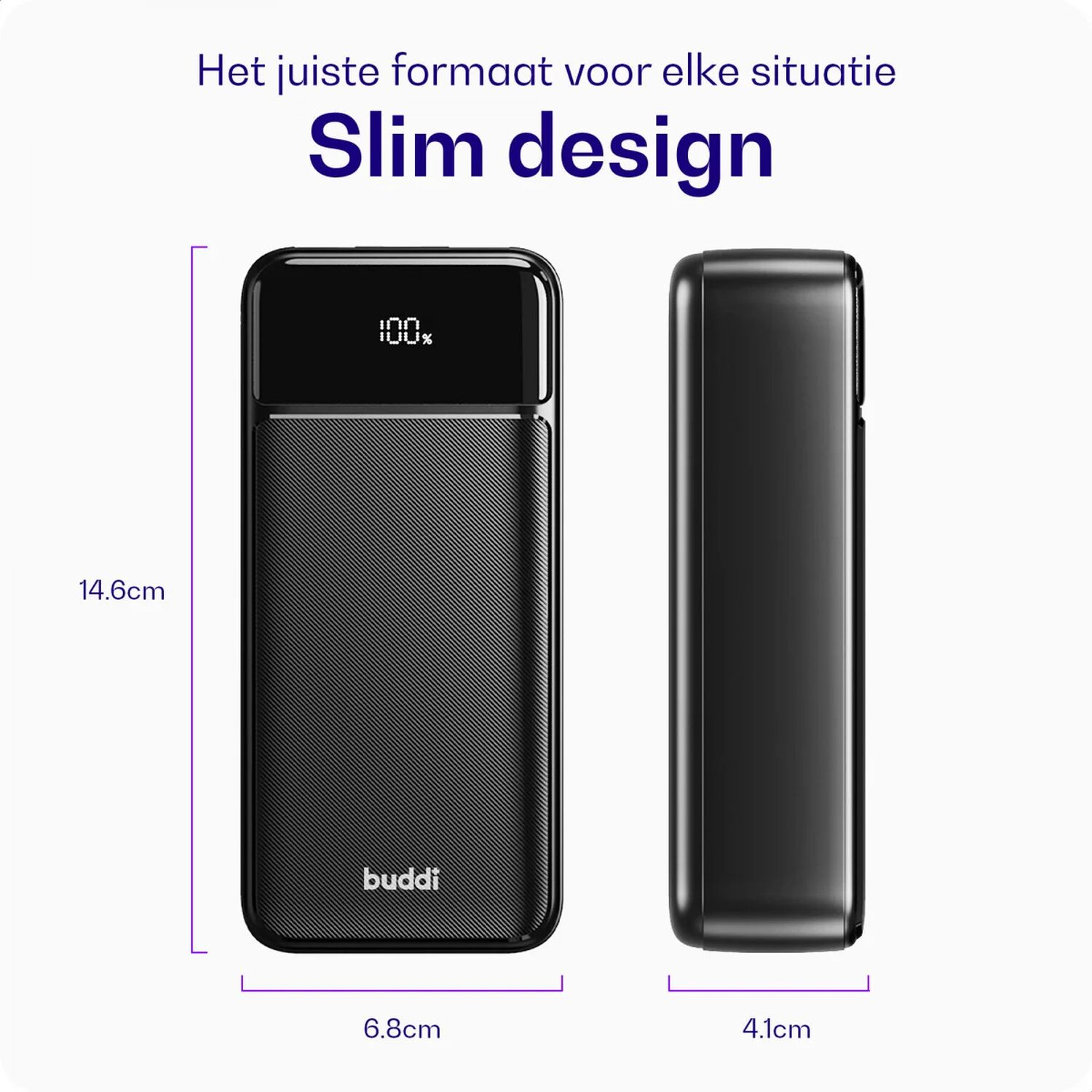 Zwarte slanke oplader met digitaal display (100%) en afmetingen.
