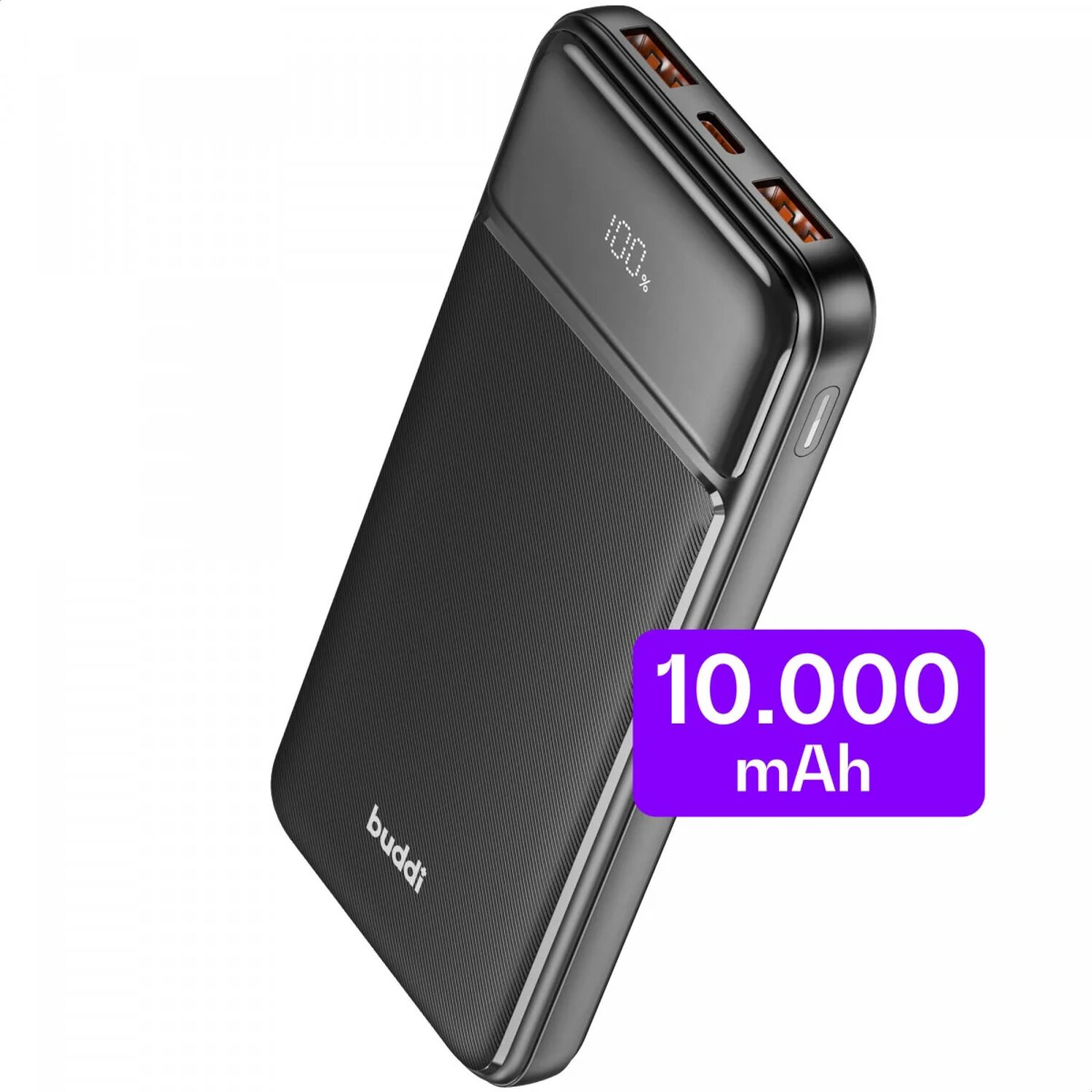 Zwarte powerbank met 10.000 mAh en 100% laadindicator.