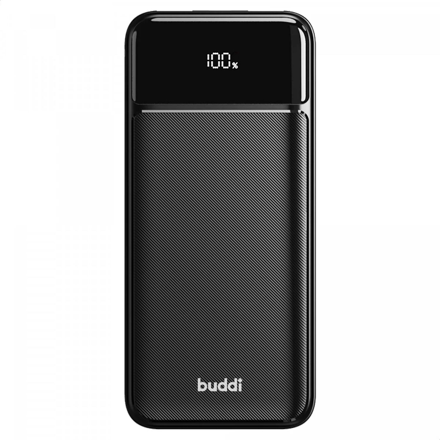 Zwarte powerbank met 100% laadindicator en gestructureerd oppervlak.