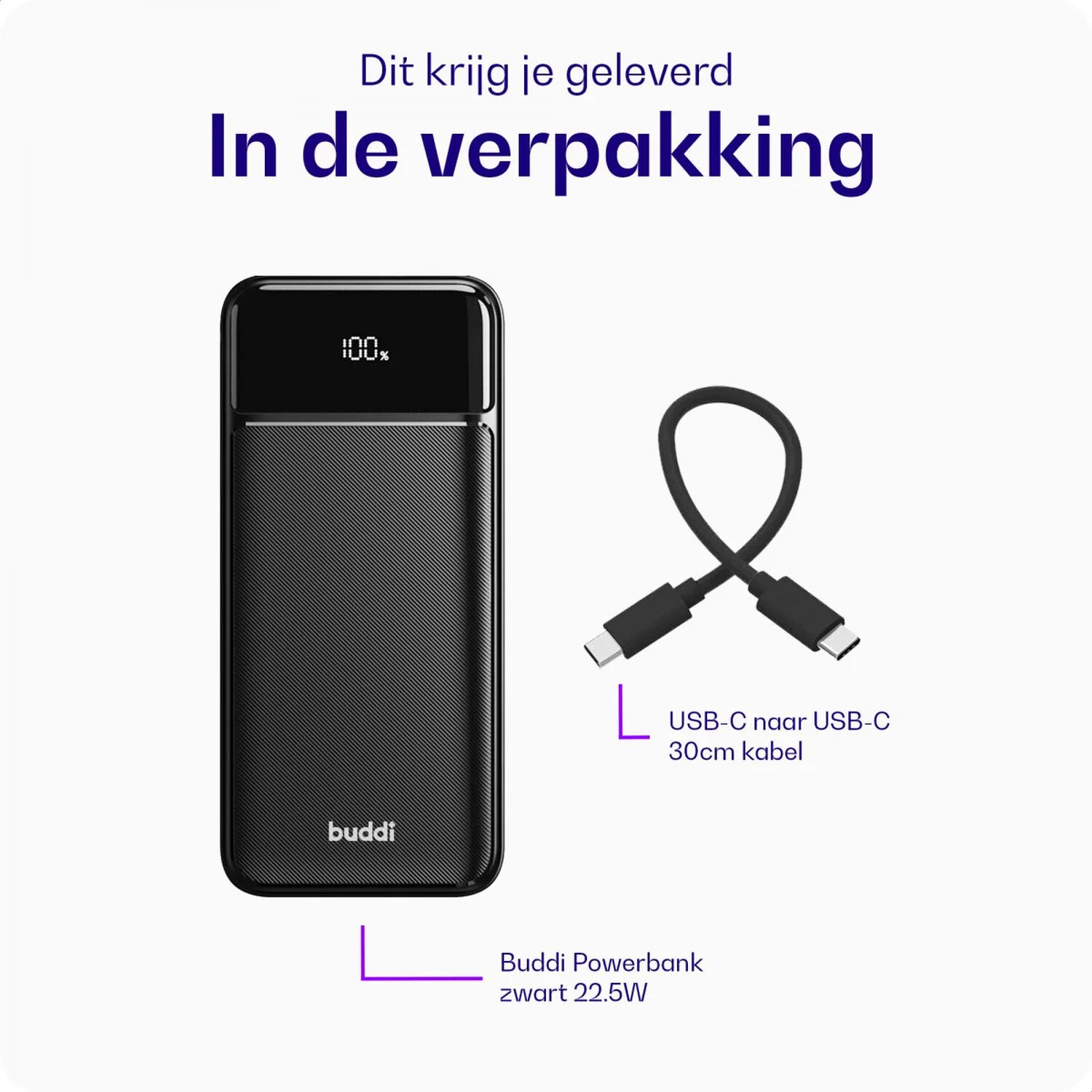 Zwarte Buddi powerbank met 100% weergave en USB-C kabel.