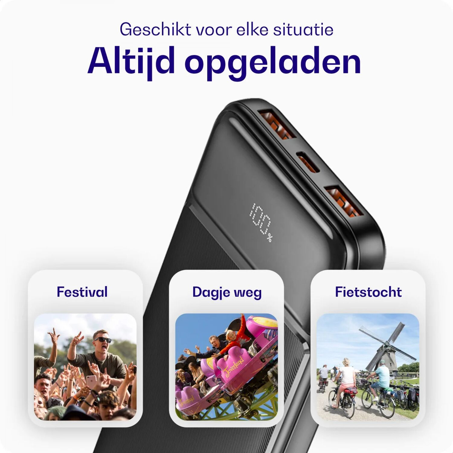 Powerbank met drie scenario's: festival, pretpark en fietstocht.