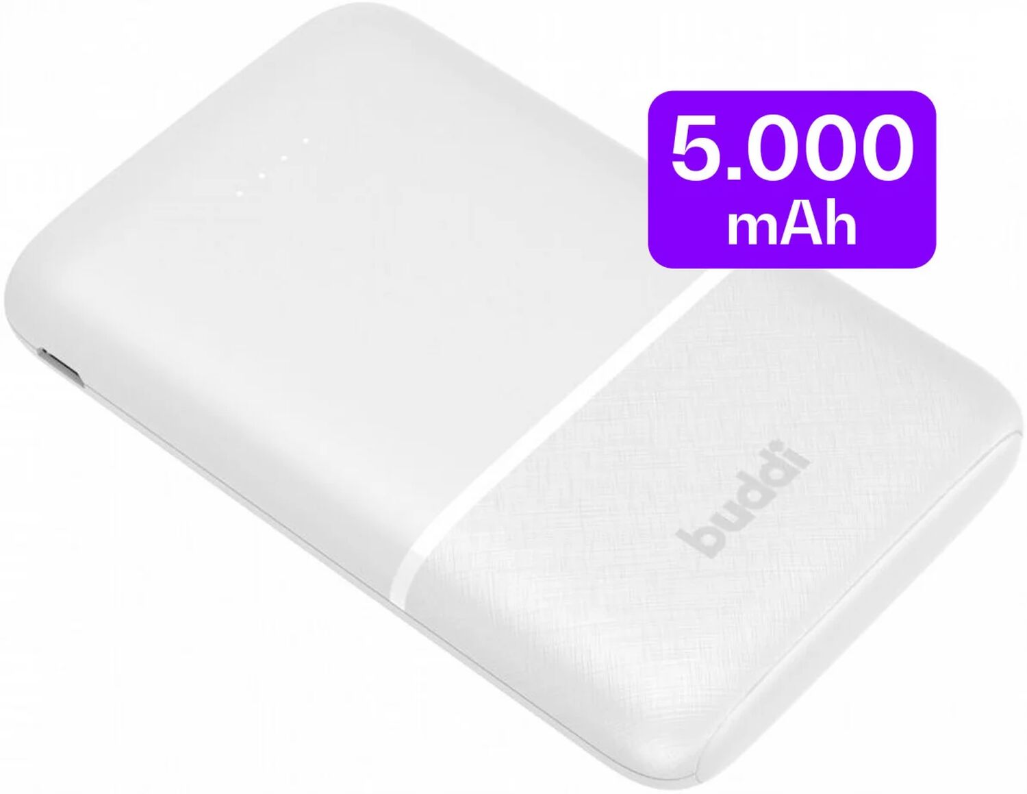 Een witte powerbank met 5000 mAh capaciteit en de merknaam 