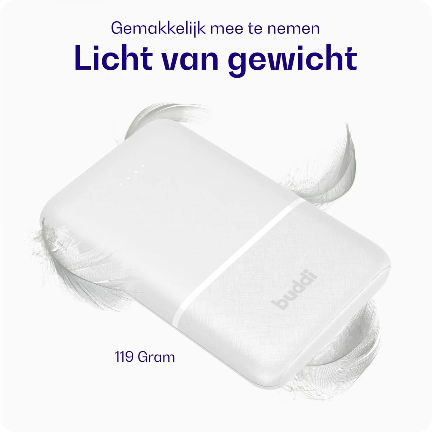 Een wit, licht apparaat met veren, 119 gram.