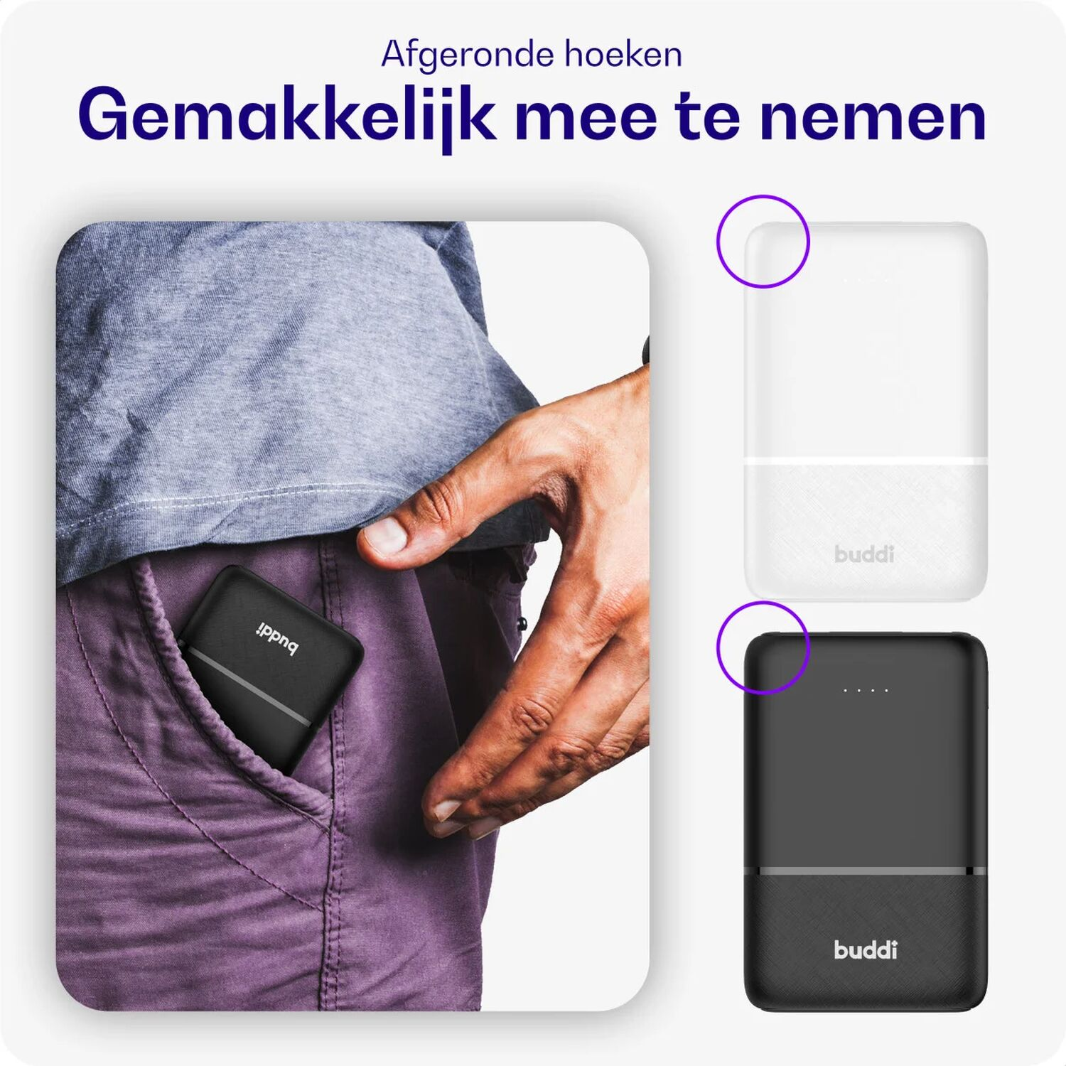 Een zwarte lader in een zak, met witte en zwarte apparaten ernaast.