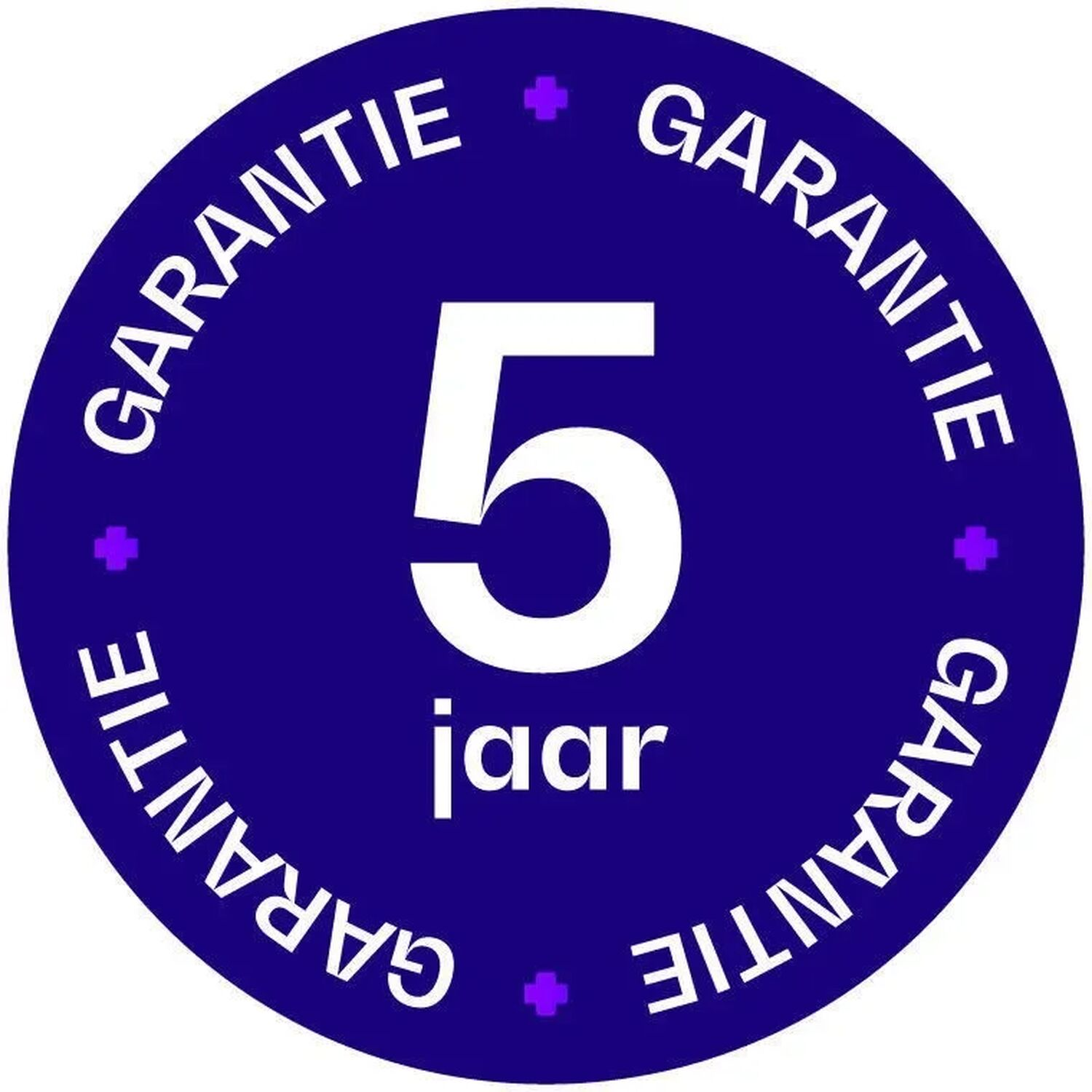 Blauw 5 jaar garantie zegel met witte tekst.