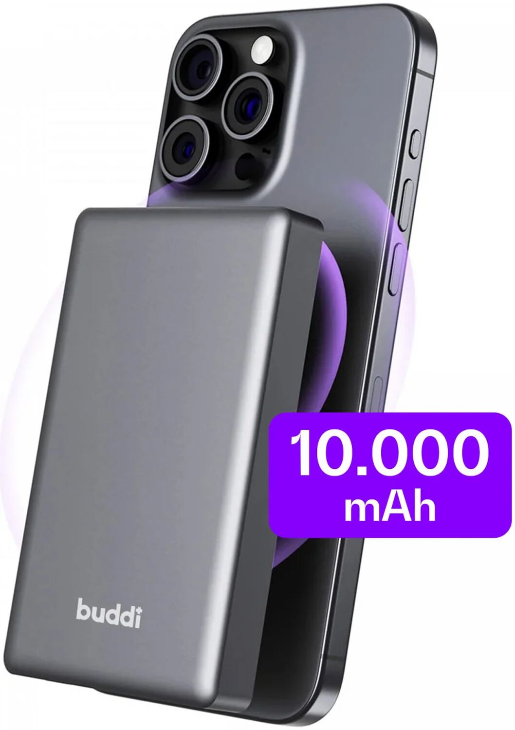 Grijze powerbank van 10.000 mAh bevestigd aan een smartphone met drie camera's.