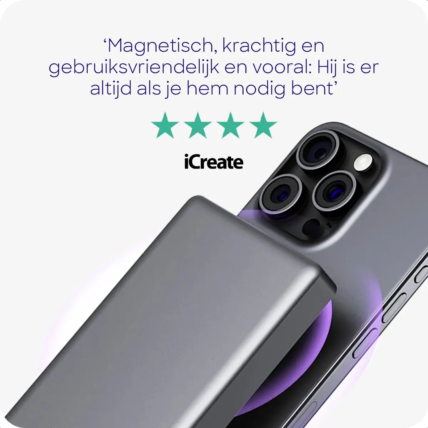 Grijze telefoon en oplader met tekstbeoordeling en sterren.
