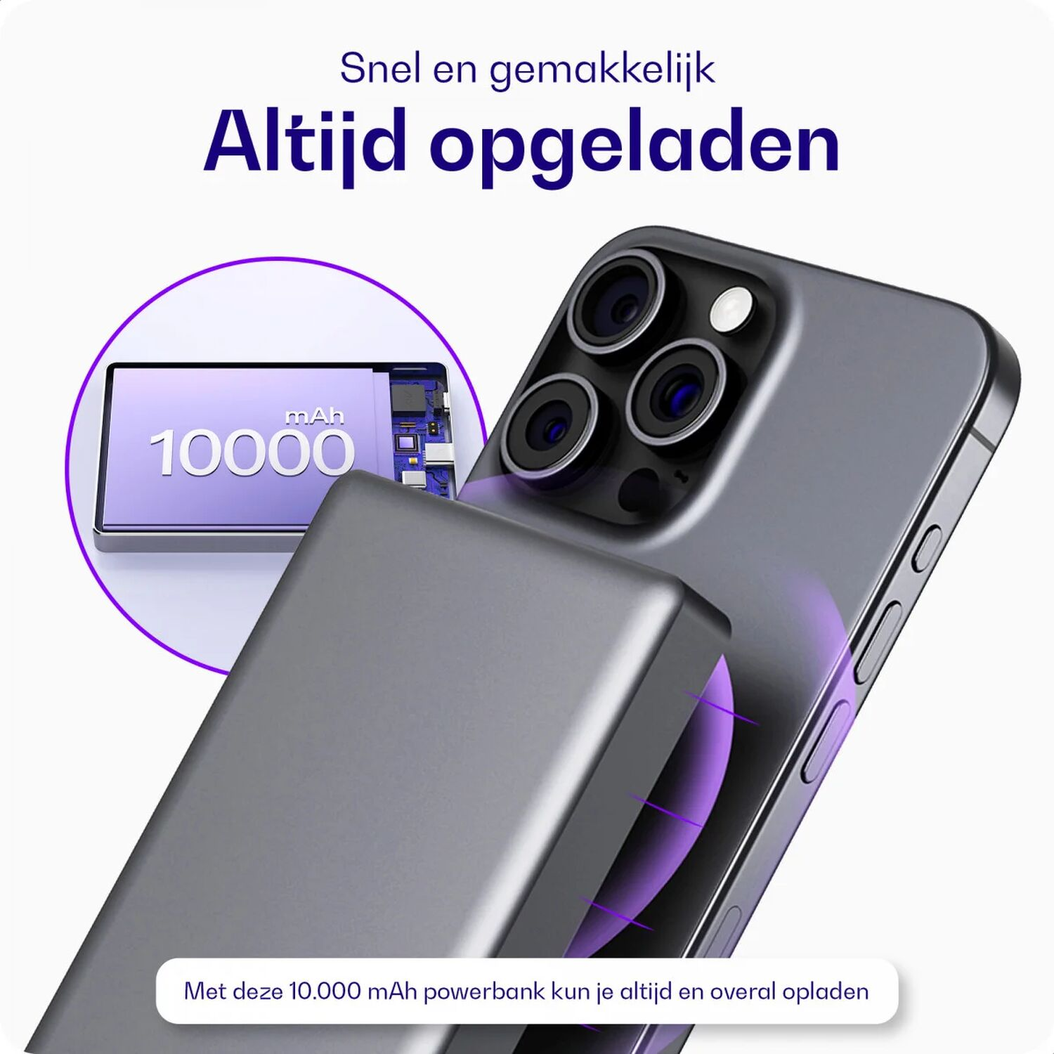 Grijze smartphone met 10.000 mAh powerbank en laadindicator.