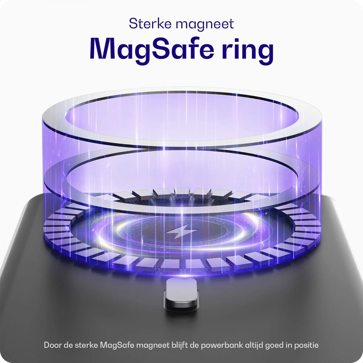 Een MagSafe ring met sterke magneet en paarse laadindicator.
