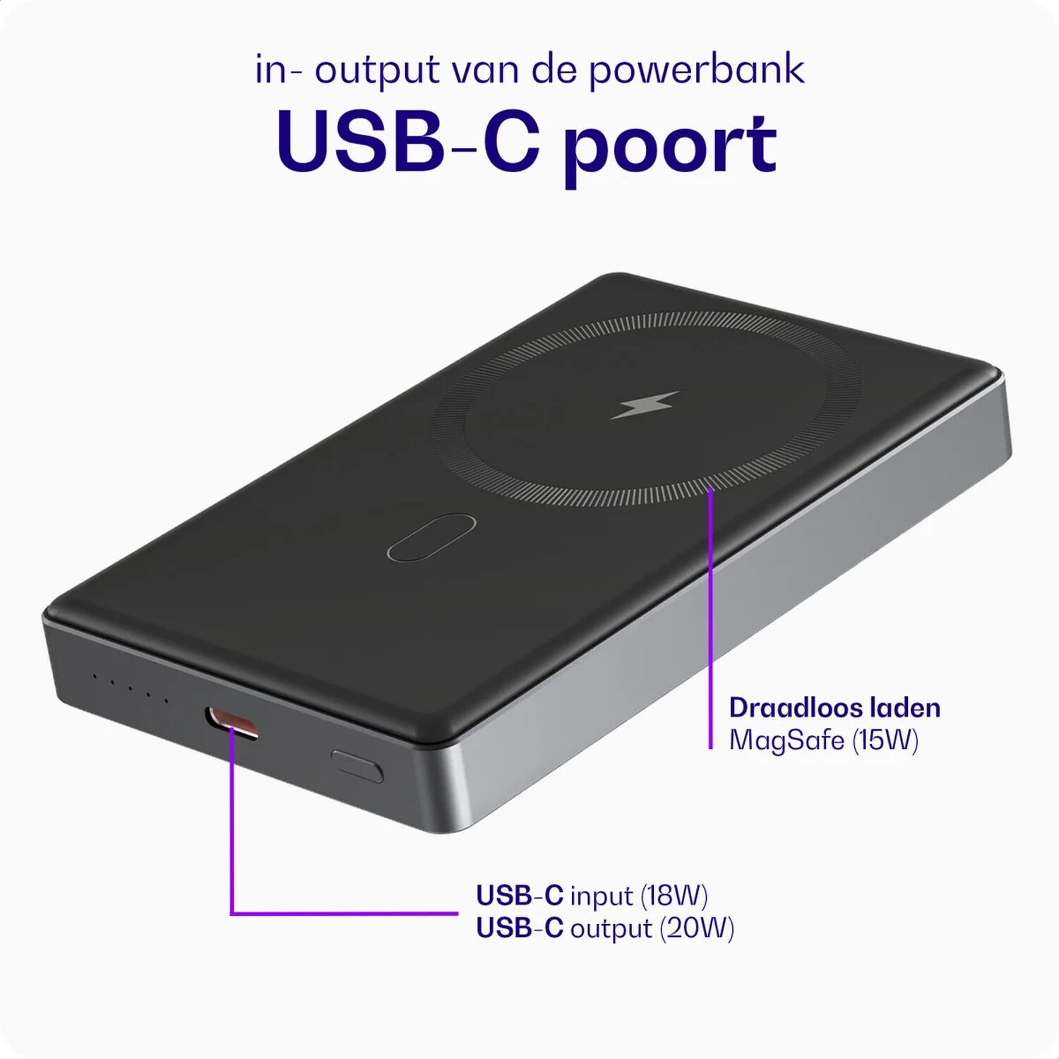 Zwarte powerbank met USB-C poort en MagSafe laadoppervlak.