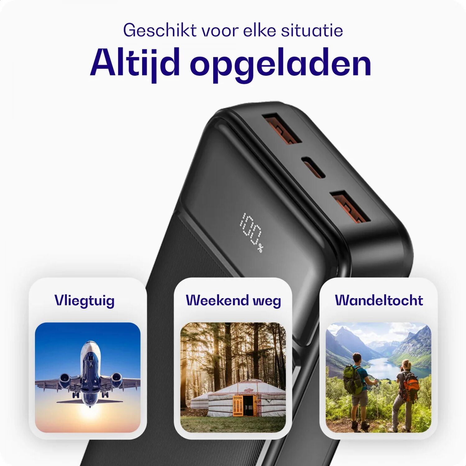 Zwarte powerbank met drie afbeeldingen: vliegtuig, yurt in bos, wandelaars in bergen.