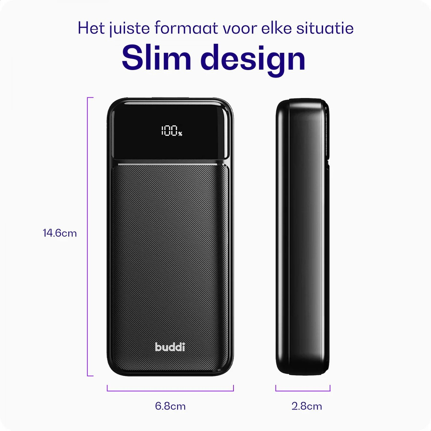 Zwarte powerbank, 14,6 cm hoog, 6,8 cm breed, met digitaal display.