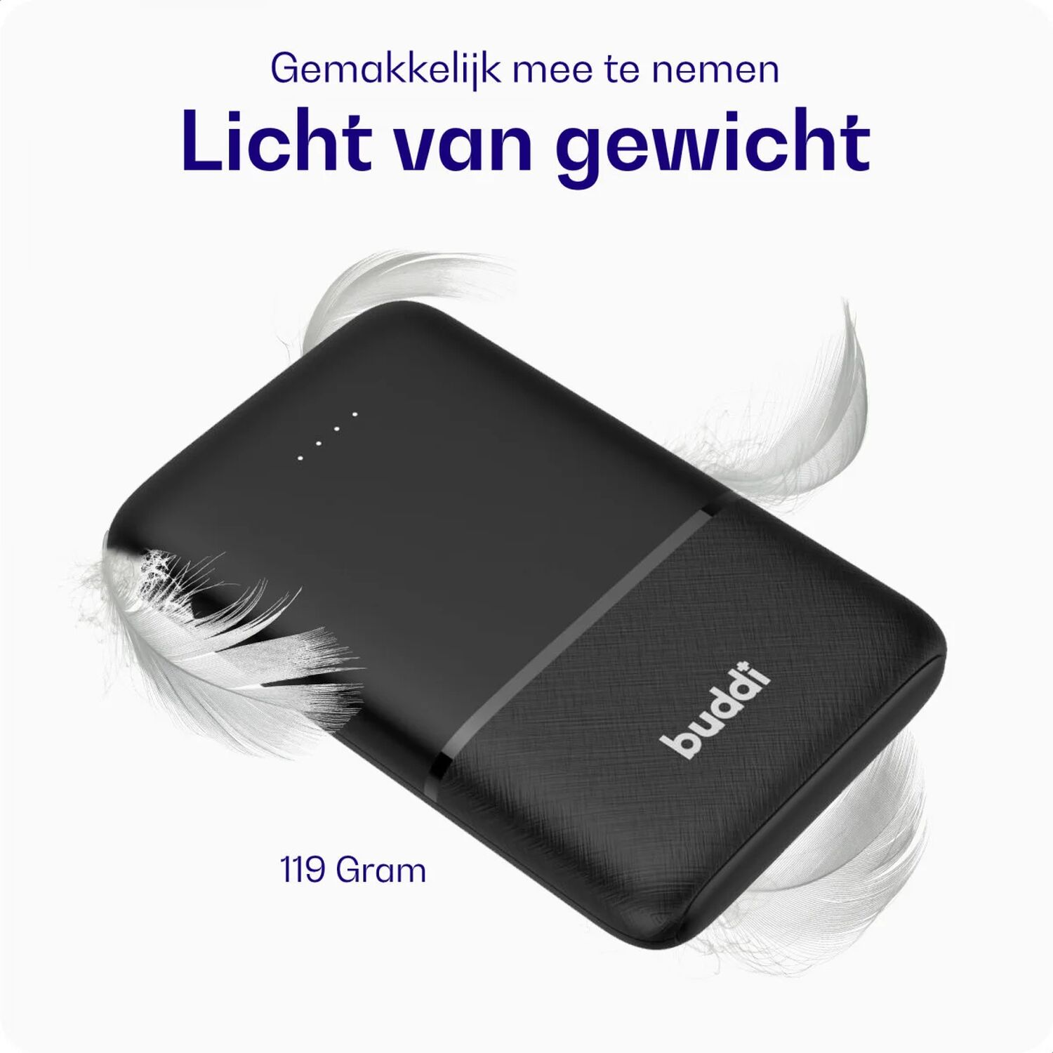 Een zwart, licht apparaat met veren en de tekst '119 Gram'.