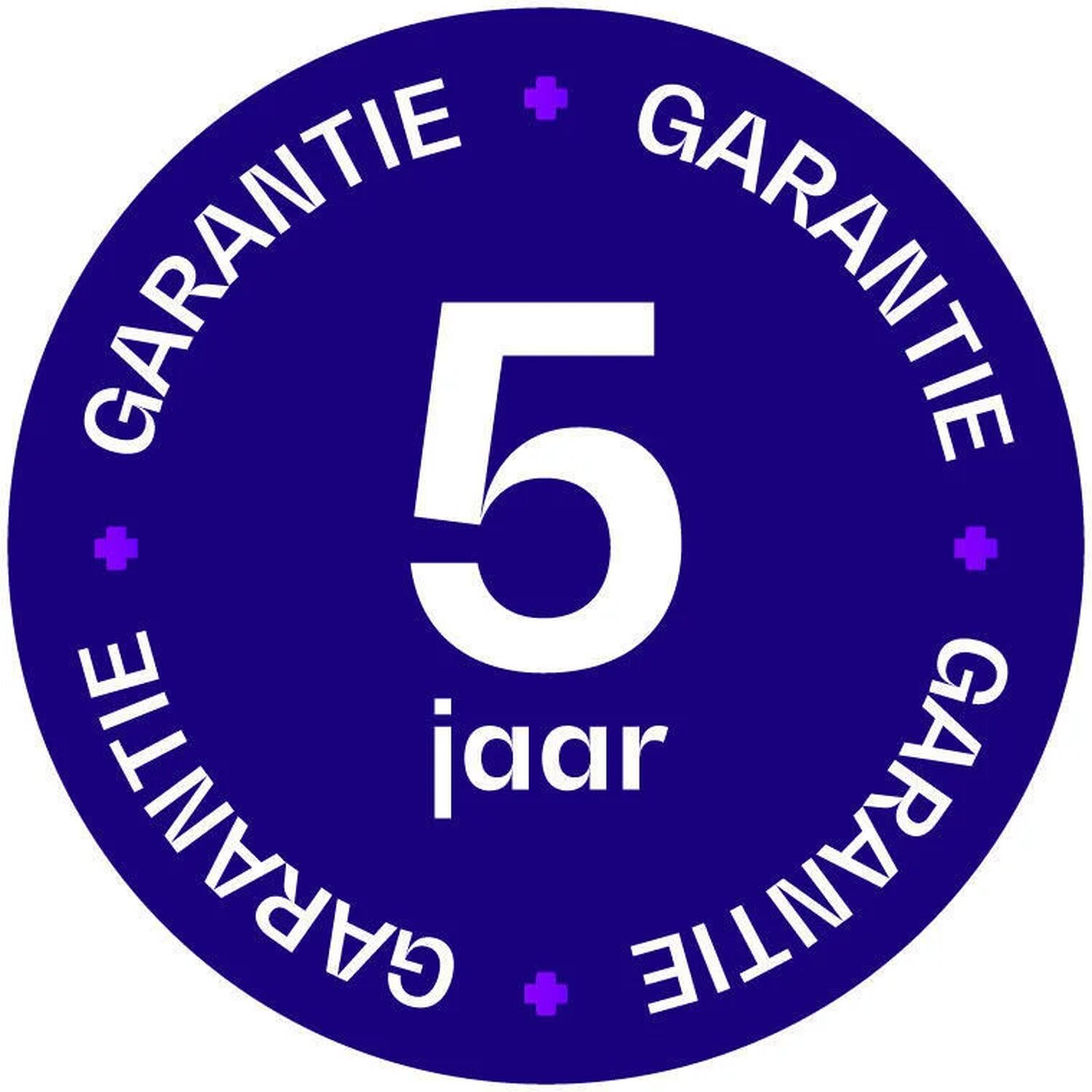5 jaar garantie tekst op blauwe cirkel met paarse kruisjes.