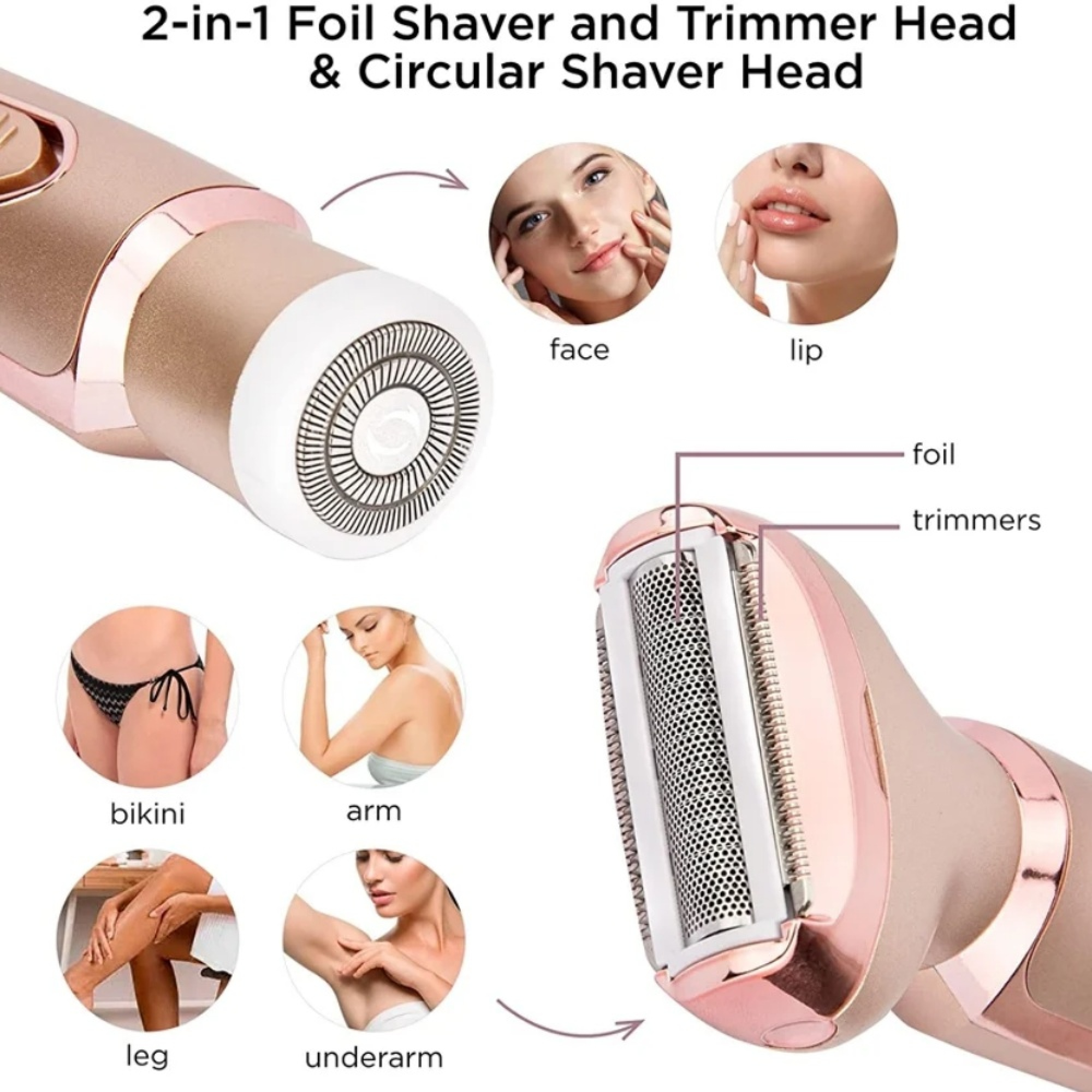 Ein roségoldener Haartrimmer mit verschiedenen Aufsätzen für Gesicht, Lippen, Bikini, Arm und Bein.